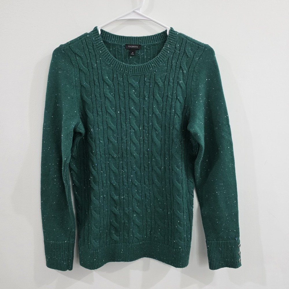 Talbots Womens Cable Knit Sweater Size Xs Green Speckled Quiet Luxury Old Money